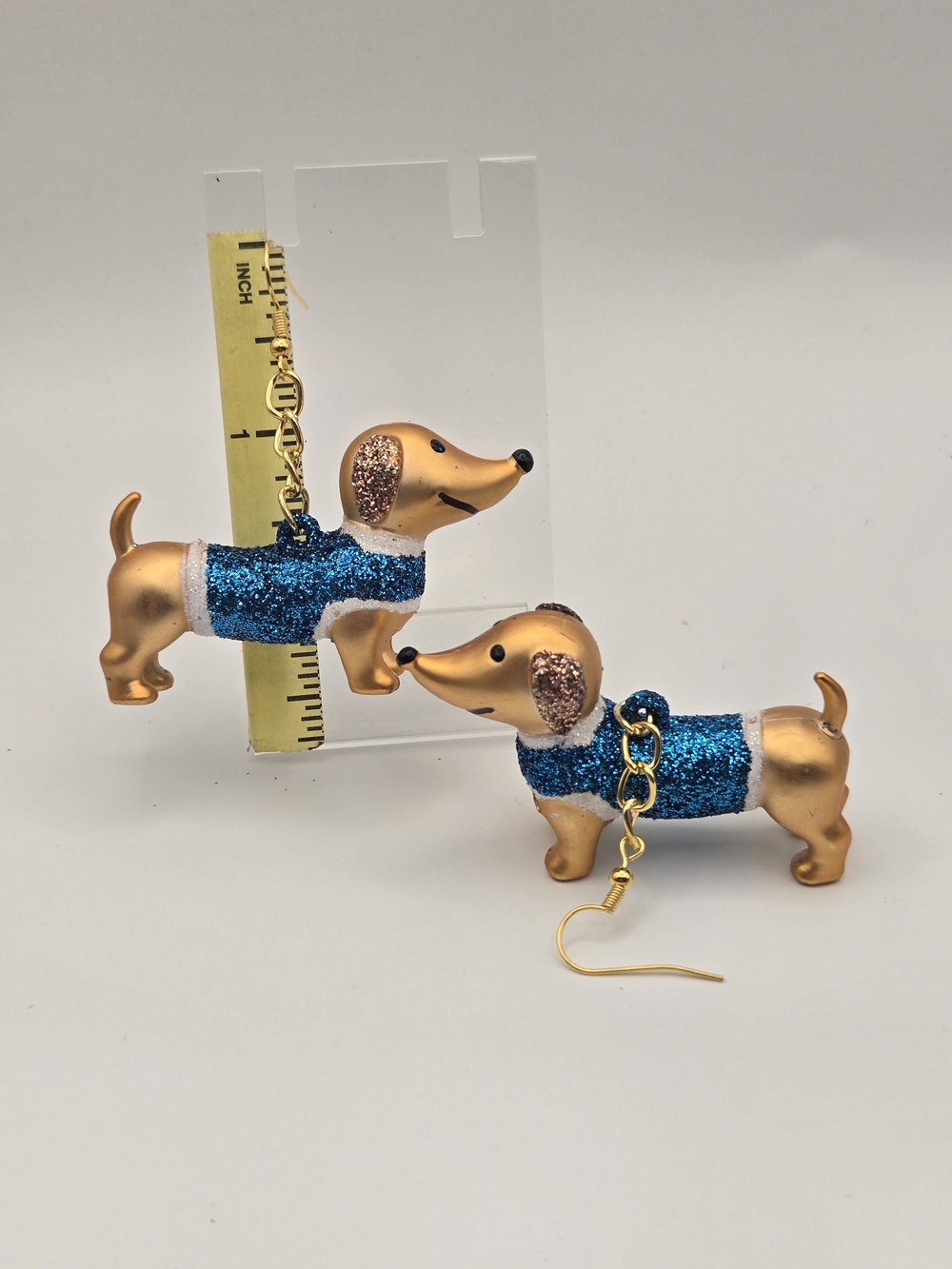 Gold Dachshund Earrings with Blue Glitter Sweater - Picture 2 of 2